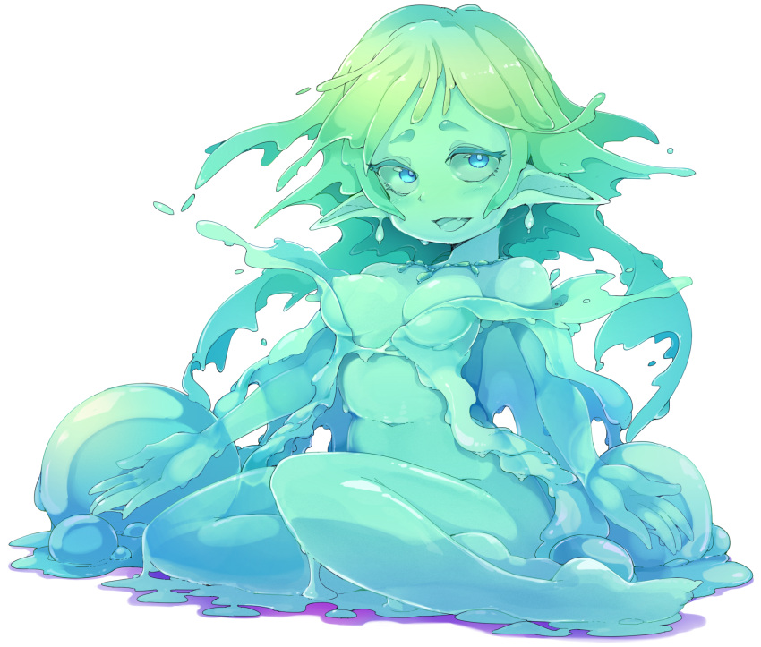 1girl blue_eyes bottomless breasts colored_skin full_body green_skin highres ls-lrtha monster_girl navel open_mouth original pointy_ears simple_background sitting slime_girl solo white_background