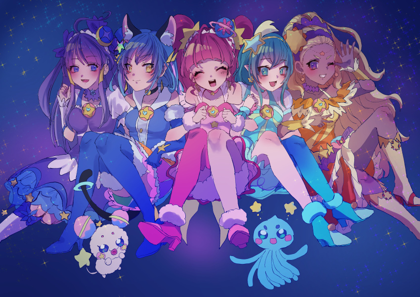 5girls ;d ^_^ ^o^ absurdres ahoge amamiya_erena animal_ear_fluff animal_ears antennae aqua_choker aqua_eyes aqua_footwear aqua_hair aqua_legwear bangs bare_shoulders bell black_choker blonde_hair blue_background blue_eyes blue_gloves blue_hair blue_legwear blunt_bangs blush boots braid cat_ears cat_girl cat_tail choker closed_eyes closed_mouth collar collarbone commentary creature crescent crescent_hair_ornament cure_cosmo cure_milky cure_selene cure_soleil cure_star dark_skin dark_skinned_female detached_collar dress earrings elbow_gloves eyebrows_visible_through_hair facing_viewer forehead fur-trimmed_footwear fur-trimmed_gloves fur_cuffs fur_trim fuwa_(precure) gloves gradient gradient_legwear grin hagoromo_lala hair_ornament hair_pulled_back hairband halterneck happy headpiece heart heart_in_mouth heart_print high_heels highres hoop_earrings hoshina_hikaru jewelry kaguya_madoka knee_boots knee_up knees_together_feet_apart knees_up locked_arms long_hair looking_at_another looking_at_viewer low_twintails lower_teeth magical_girl maid_headdress multicolored multicolored_clothes multicolored_hair multicolored_legwear multicolored_skirt multiple_girls neck_bell off-shoulder_dress off_shoulder one_eye_closed open_mouth orange_dress pink_choker pink_dress pink_footwear pink_hair planet_hair_ornament pouch precure prunce_(precure) puffy_pants puffy_short_sleeves puffy_sleeves purple_choker purple_collar purple_dress purple_eyes purple_hairband rainbow_skirt round_teeth see-through_sleeves short_sleeves side-by-side sideways_glance simple_background single_leg_pantyhose single_thighhigh sitting skirt sleeveless sleeveless_dress smile sparkle star-shaped_pupils star_(symbol) star_choker star_earrings star_hair_ornament star_in_eye star_print star_twinkle_precure streaked_hair symbol-shaped_pupils symbol_commentary symbol_in_eye tail teeth thighhighs triangle_earrings twin_braids twintails upper_teeth v very_long_hair waving wavy_hair white_footwear white_sleeves wrist_cuffs yellow_dress yellow_eyes yellow_hairband yuni_(precure) zuzuko