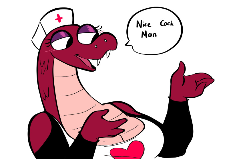 &lt;3 2021 anthro blush clothed clothing dialogue english_text eyelashes fangs female hat headgear headwear hi_res nurse_clothing nurse_hat nurse_headwear open_mouth qwerty_soda red_body red_scales reptile scales scalie sharp_teeth shirt simple_background snake solo speech_bubble teeth text tongue topwear white_background