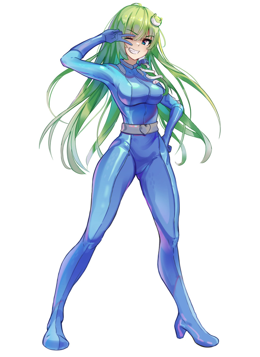 1girl absurdres blue_eyes bodysuit eximmetry green_hair grin highres kochiya_sanae one_eye_closed smile solo totally_spies touhou