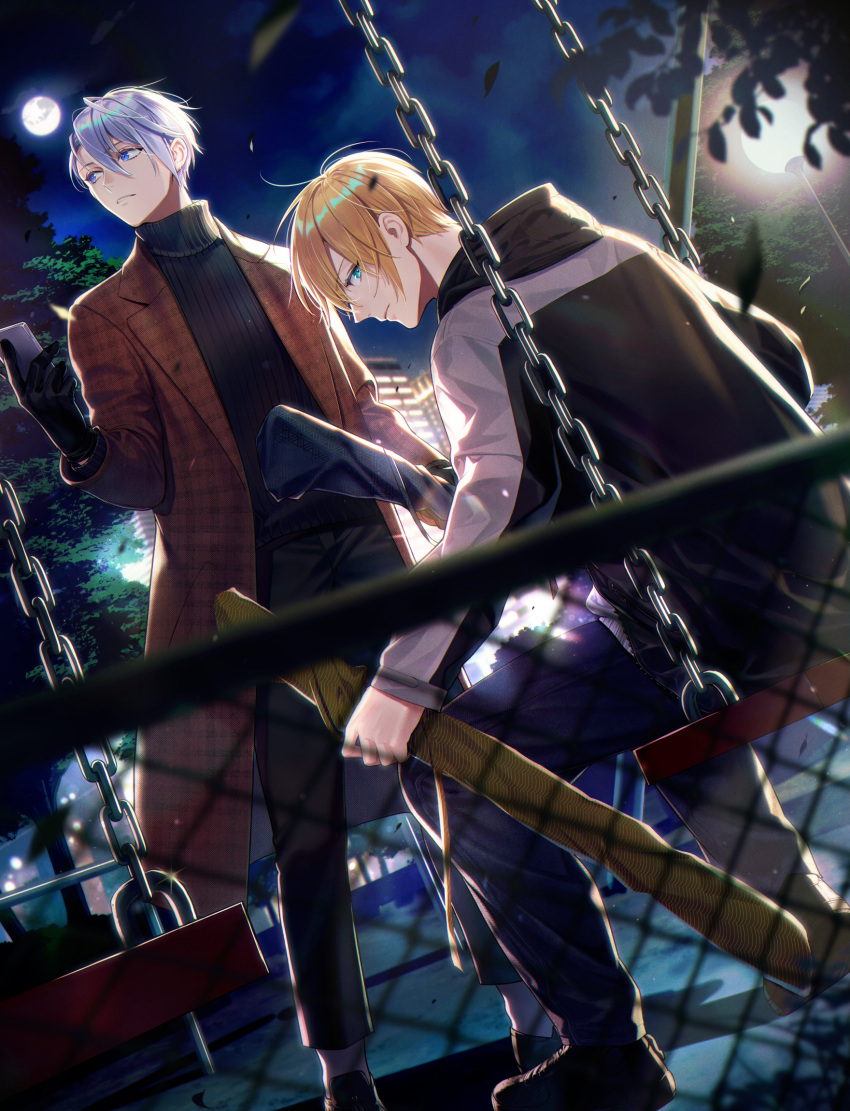 2boys aqua_eyes black_gloves blonde_hair blue_eyes building cellphone contemporary denim dutch_angle full_moon gloves highres hood hoodie jeans lamppost looking_back male_focus moon multiple_boys night night_sky noes pants phone plaid_coat ribbed_sweater sitting sky smartphone sweater swing swing_set touken_ranbu tree turtleneck turtleneck_sweater white_hair yamanbagiri_chougi yamanbagiri_kunihiro