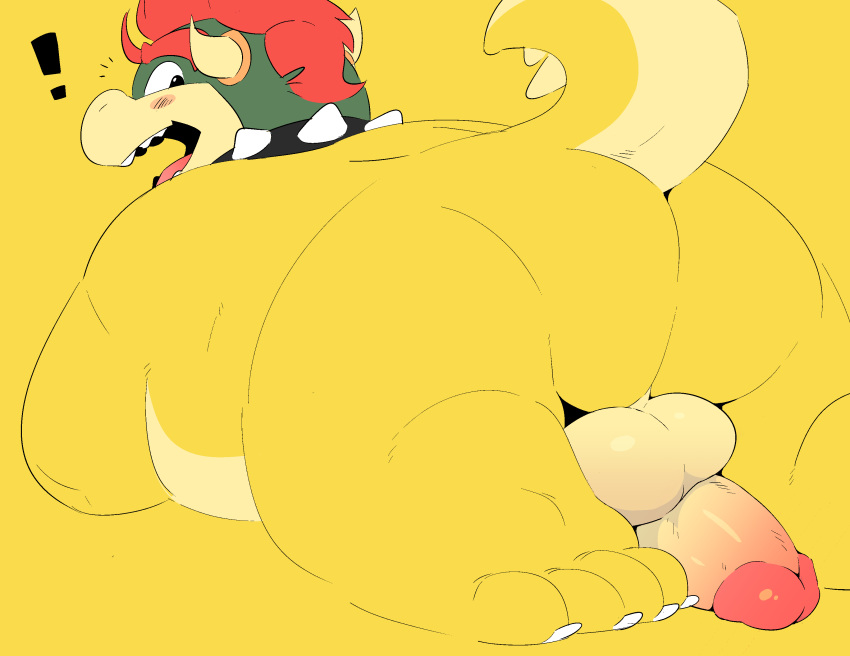 ! 2021 absurd_res anthro balls big_butt blush bowser butt erection genitals hi_res koopa male mario_bros nintendo overweight overweight_anthro overweight_male penis scalie simple_background solo thick_thighs video_games yellow_background yellow_body zestibone
