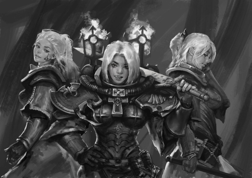 3girls adepta_sororitas armor boobplate breasts cross facial_mark fleur_de_lis folded_ponytail greyscale hand_on_hip highres holding holding_sword holding_weapon imperium_of_man licking_lips looking_at_viewer medium_breasts medium_hair monochrome multiple_girls naughty_face pauldrons power_armor short_hair shoulder_armor sister_of_battle standing sword tongue tongue_out warhammer_40k weapon white_hair yangzheyy