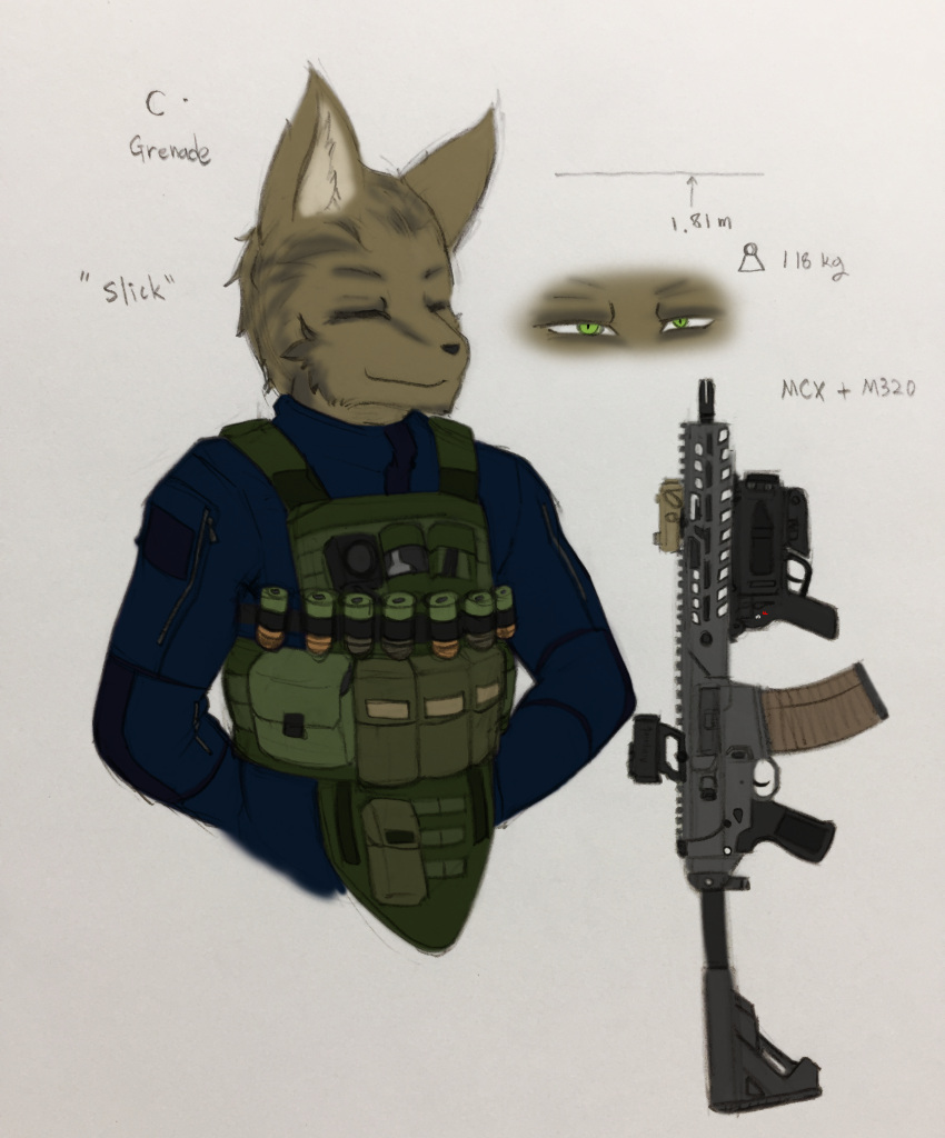 absurd_res anthro canid canine canis coyote grenade_launcher gun hi_res male mammal mercenary ranged_weapon rifle soldier solo warrior weapon zzinhimsum