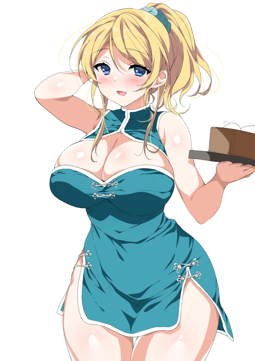1girl :d absurdres ayase_eli bangs baozi bare_arms blonde_hair blue_dress blue_eyes blush breasts china_dress chinese_clothes cleavage cleavage_cutout clothing_cutout cowboy_shot curvy dress food hair_ornament hair_scrunchie hand_in_hair highres holding holding_food holding_tray large_breasts love_live! love_live!_school_idol_project ninoko open_mouth ponytail scrunchie shiny shiny_skin side_slit simple_background smile solo standing thigh_gap thighs tray white_background wide_hips