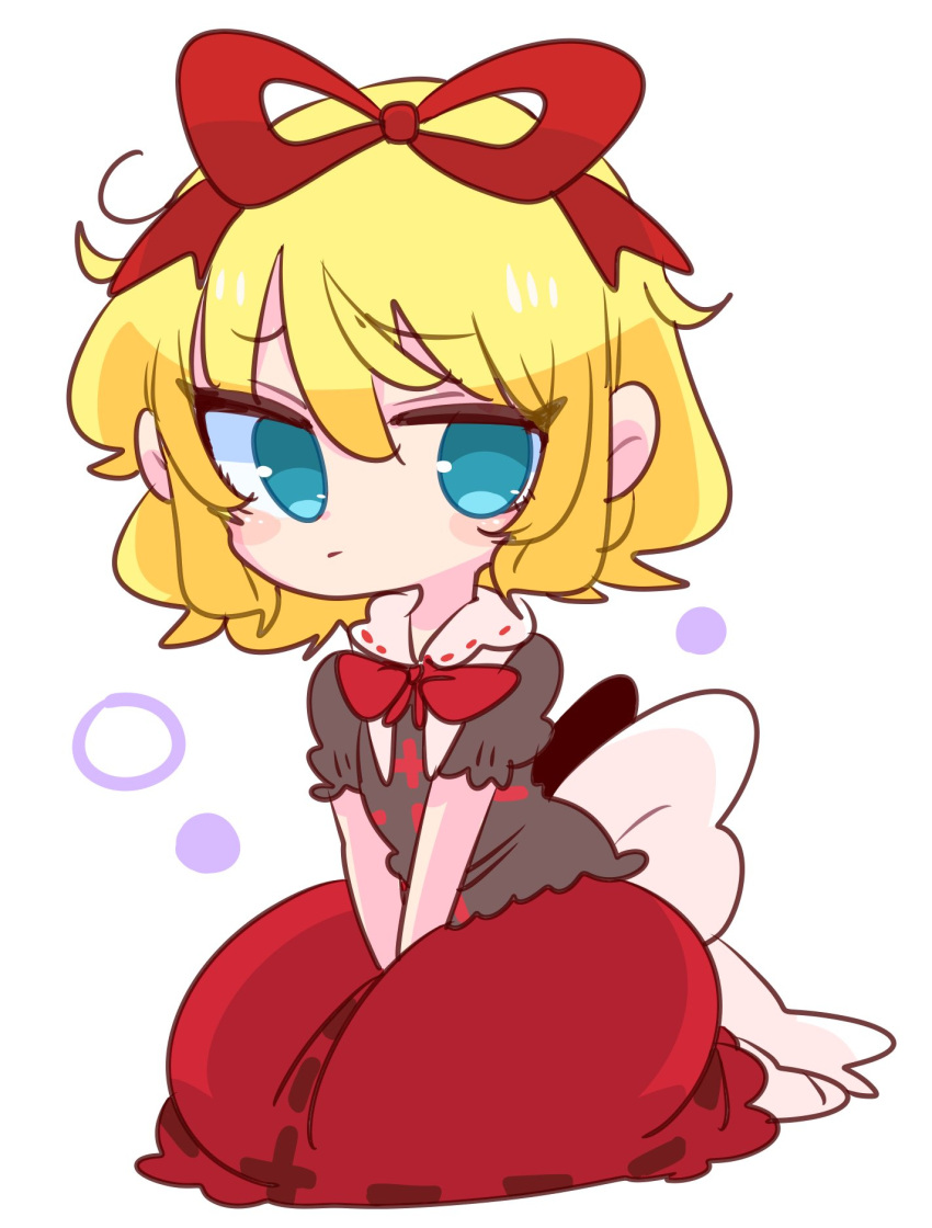 1girl blonde_hair blue_eyes bow bubble_skirt doll frilled_shirt frilled_shirt_collar frilled_sleeves frills highres kneeling medicine_melancholy op_na_yarou poison puffy_short_sleeves puffy_sleeves red_bow red_neckwear red_ribbon ribbon shirt short_hair short_sleeves skirt touhou wavy_hair youkai