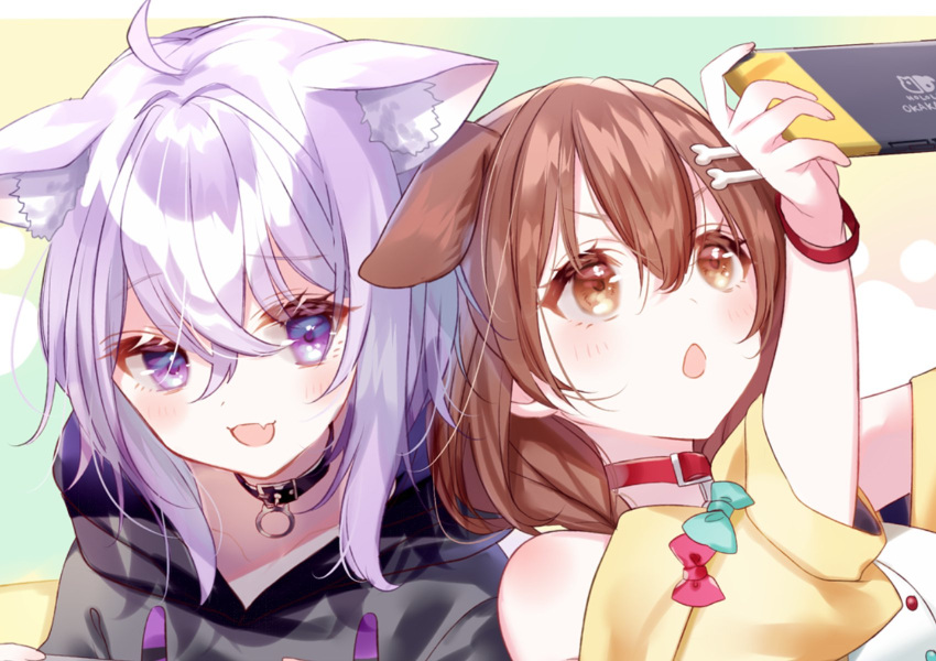 2girls ahoge animal_collar animal_ear_fluff animal_ears bangs black_collar black_hoodie blue_bow bone_hair_ornament bow breasts brown_eyes brown_hair cartoon_bone cat_ears cat_girl choker collar collarbone dog_ears dog_girl drawstring fang game_console hair_between_eyes hair_ornament hairclip handheld_game_console highres holding holding_handheld_game_console hololive hololive_gamers hood hoodie inugami_korone leaning_back leaning_on_person long_hair looking_at_another looking_to_the_side looking_up misumi_(macaroni) multiple_girls nekomata_okayu nintendo_switch off_shoulder open_mouth playing_games purple_eyes purple_hair red_bow shiny shiny_hair skin_fang upper_body v-shaped_eyebrows virtual_youtuber wristband