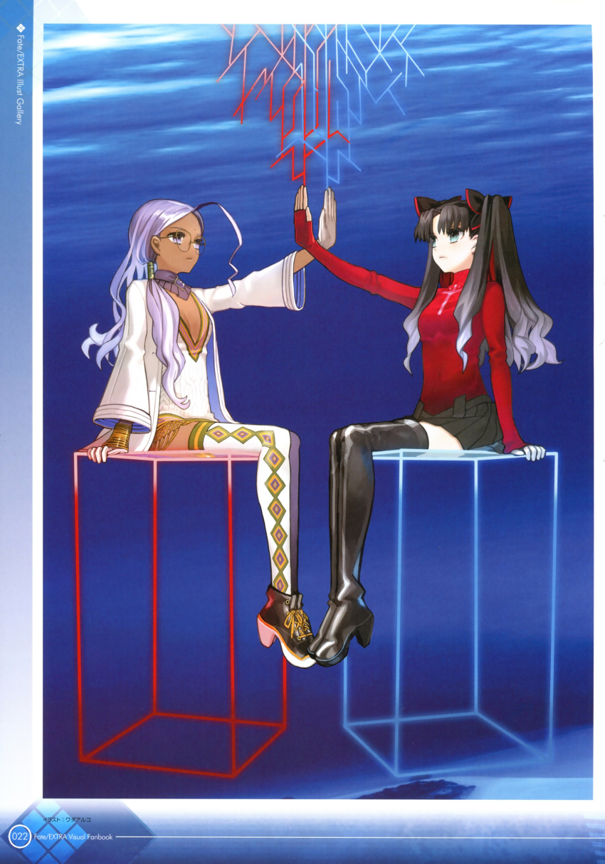 2girls absurdres ahoge bindi black_bow black_footwear black_hair black_skirt blue_background blue_eyes boots bow closed_mouth cube dark_skin detached_collar expressionless fate/extra fate_(series) fingerless_gloves glasses gloves hair_bow hair_over_shoulder highres laces long_hair looking_away multiple_girls official_art purple_eyes purple_hair rani_viii red_gloves red_shirt scan shirt shoes sitting skirt symmetry thigh_boots thighhighs tohsaka_rin two_side_up wada_arco white_legwear