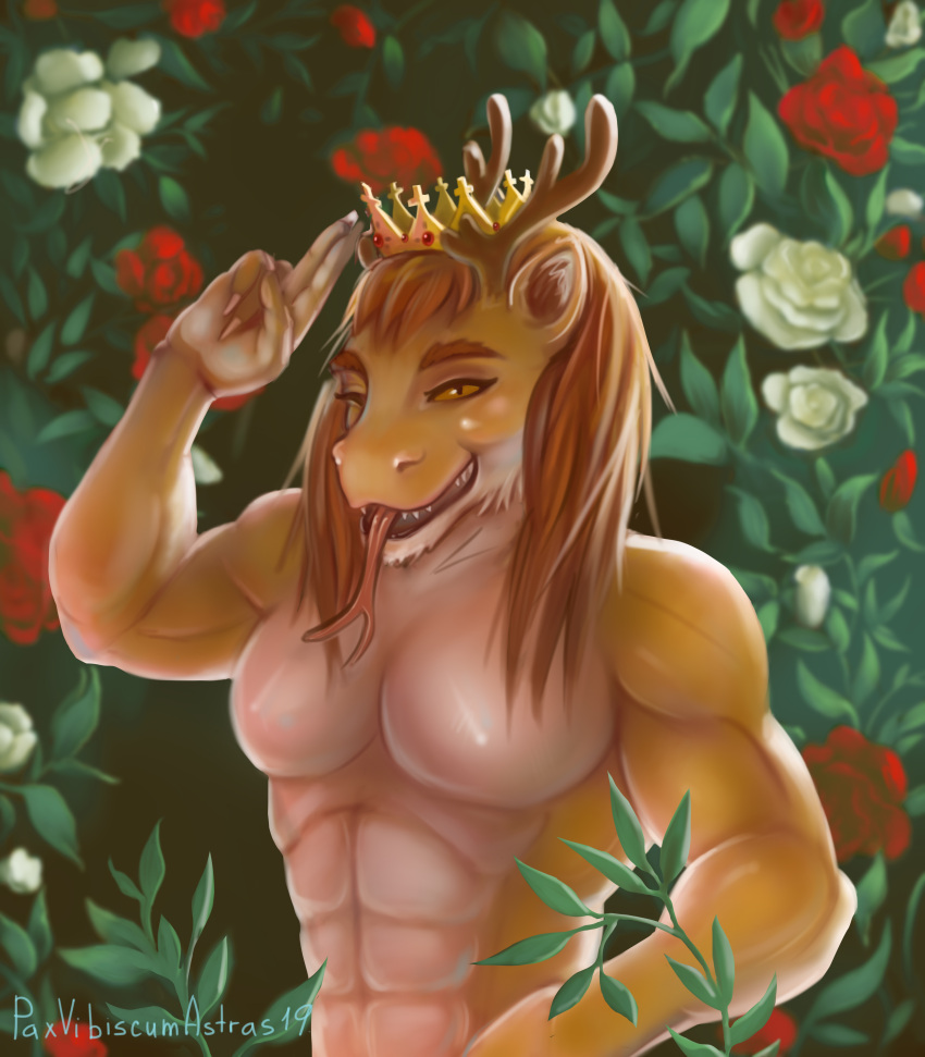 absurd_res anthro antlers athletic crown dragon flower forked_tongue garden happy hi_res horn looking_at_viewer male mane muscular muscular_male one_eye_closed paxvibiscumastras plant portrait prince prince_borgon rose_(flower) royalty smile solo tongue wink