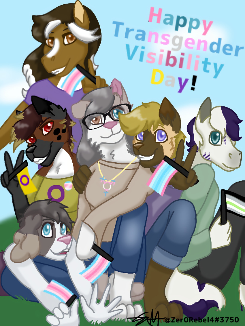 aaryn_(zer0rebel4) agender_pride_colors ambiguous_gender anthro arm_hug autumn_(zer0rebel4) bird_dog blonde_hair blue_eyes border_collie bottomwear brimstone_(zer0rebel4) brown_body brown_eyes brown_fur brown_hair brown_mane brown_markings canid canid_demon canine canis clothed clothing cloud collie daisy_(zer0rebel4) demon denim denim_clothing digital_drawing_(artwork) digital_media_(artwork) domestic_dog english_text equid equine eyewear flag floppy_ears fur gender_symbol german_shepherd gesture glasses grass grey_body grey_fur grey_hair grey_markings group hair hand_on_shoulder hellhound herding_dog herm_(lore) heterochromia hi_res holding_object hooves horse hunting_dog hyaenid hybrid intersex_pride_colors jackson_(zer0rebel4) jeans jewelry jewlery lgbt_pride long_hair looking_at_viewer lying mammal mane markings markings_(fur) mixed_breed necklace nonbinary_(lore) nonbinary_pride_colors on_front one_ear_up outside pants pastoral_dog paws photo pink_nose plant pony pride_colors purple_eyes purple_hair purple_mane purple_markings red_eyes red_hair sage_(zer0rebel4) sexless sheepdog shirt short_hair sitting smile spaniel spots_(marking) stripes_(marking) sweater symbol t-shirt tan_body tan_fur teeth text topwear trans_(lore) trans_man_(lore) trans_woman_(lore) transgender_pride_colors v_sign white_body white_fur white_hair white_mane white_markings wolf yellow_markings zebra zer0rebel4 ⚧