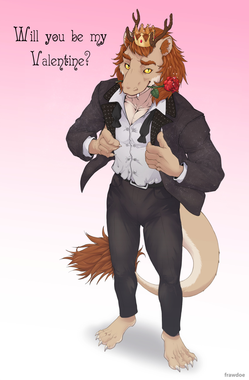 anthro antlers barefoot classy clothing crown dragon fangs feet flower flower_in_mouth frawdoe happy hi_res holidays horn inviting looking_at_viewer male mane muscular muscular_anthro muscular_male pink_background plant prince prince_borgon rose_(flower) rose_in_mouth royalty simple_background smile solo suit tail_tuft text tuft valentine's_day