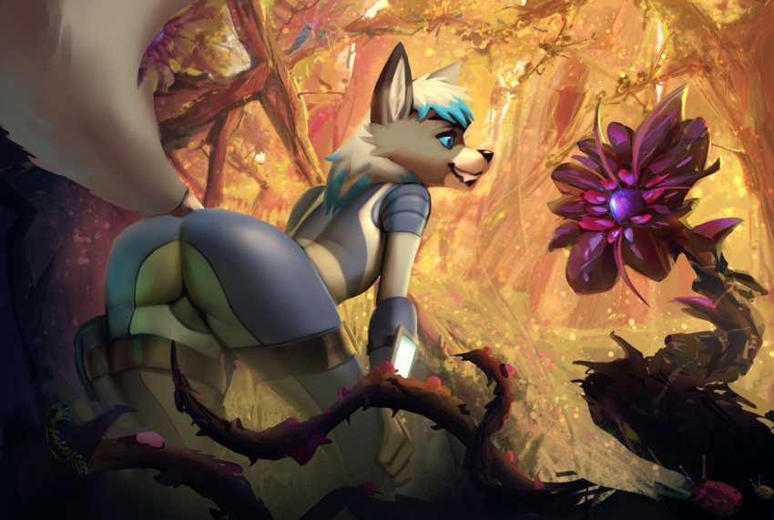 adventure anthro butt canid canine canis clothing dante_kinkade explorer exploring flower forest forest_background happy male mammal nature nature_background plant rear_view skin_tight_suit solo thorns tight_clothing tree troy_rt5k vines wolf