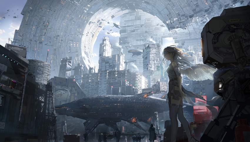 1girl angel_wings architecture breasts building city cityscape dress english_commentary faceless feathered_wings feathers feet_out_of_frame gradient_hair grey_dress grey_hair highres looking_at_viewer megastructure multicolored_hair original qosic red_eyes robot scenery science_fiction shadow side_slit sky skyscraper sleeveless solo_focus space_craft thigh_strap thighhighs white_hair white_wings wings