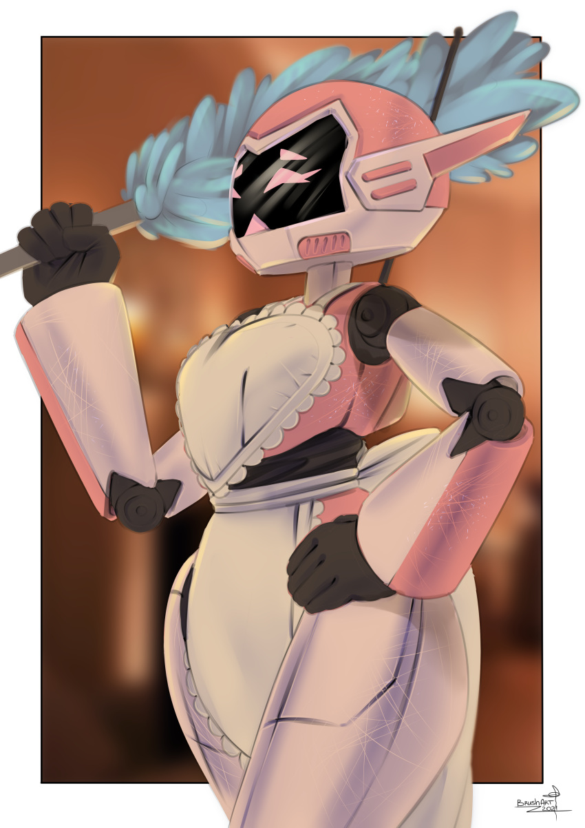 absurd_res android bodysuit brushart cleaning_tool clothing duster_(cleaning) female hi_res humanoid machine maid_uniform nonbinary_(lore) pink_body robot robot_humanoid scratches signature simple_background skinsuit solo tight_clothing uniform vrchat vtuber whisper_(vtuber) white_body