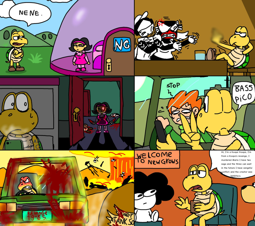 a_koopa's_revenge accessory black_hair blood bodily_fluids car comic death english_text gesture goomba hair headband hi_res human josfausto13 koopa koopa_troopa mammal mario_bros middle_finger nene_(pico) newgrounds nintendo no_pupils orange_hair pico_(newgrounds) pico_(series) reptile scalie shell shyguy sr_pelo_(character) sweat tankmen text turtle vehicle video_games yellow_body yellow_skin