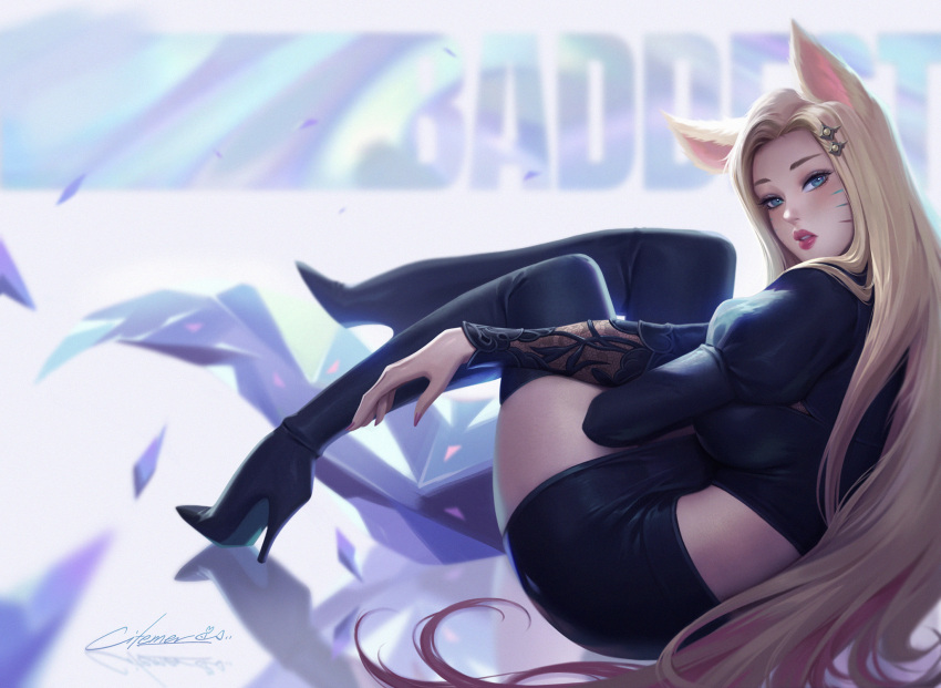 1girl ahri animal_ears blonde_hair boots citemer crystal fox_ears fox_girl hair_ornament hairclip high_heel_boots high_heels highres league_of_legends long_hair looking_at_viewer makeup multicolored_hair shiny shiny_skin sitting the_baddest_ahri