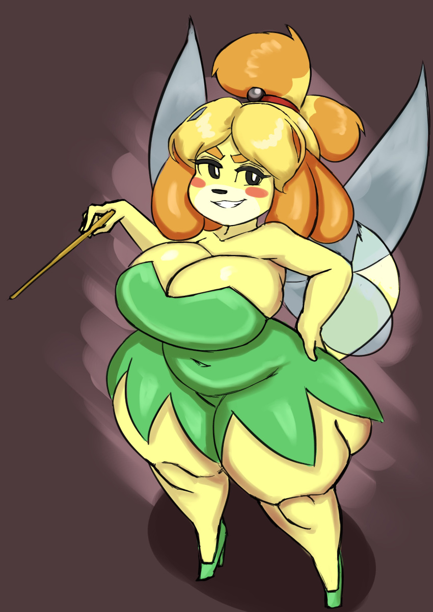 absurd_res animal_crossing anthro big_breasts breasts canid canine canis cleavage clothed clothing cosplay crossover crossover_cosplay disney domestic_dog fairy female geebie33 hand_on_hip hi_res isabelle_(animal_crossing) mammal nintendo shih_tzu short_stack solo thick_thighs tinkerbell tinkerbelle toy_dog video_games yellow_body