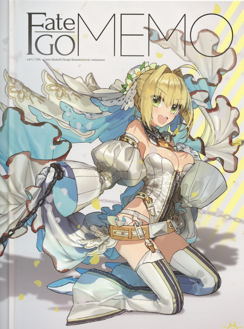1girl :d ahoge belt blonde_hair boots breasts chain cleavage cover cover_page detached_sleeves fate/extra fate/extra_ccc fate/grand_order fate_(series) flower full_body gloves green_eyes hair_bun hair_flower hair_intakes hair_ornament highres kneeling large_breasts leotard lock looking_at_viewer nero_claudius_(bride)_(fate) nero_claudius_(fate)_(all) open_mouth padlock puffy_sleeves scan shiny shiny_skin short_hair smile solo thigh_boots thigh_strap thighhighs veil wada_arco white_footwear white_gloves white_leotard white_sleeves zipper zipper_pull_tab
