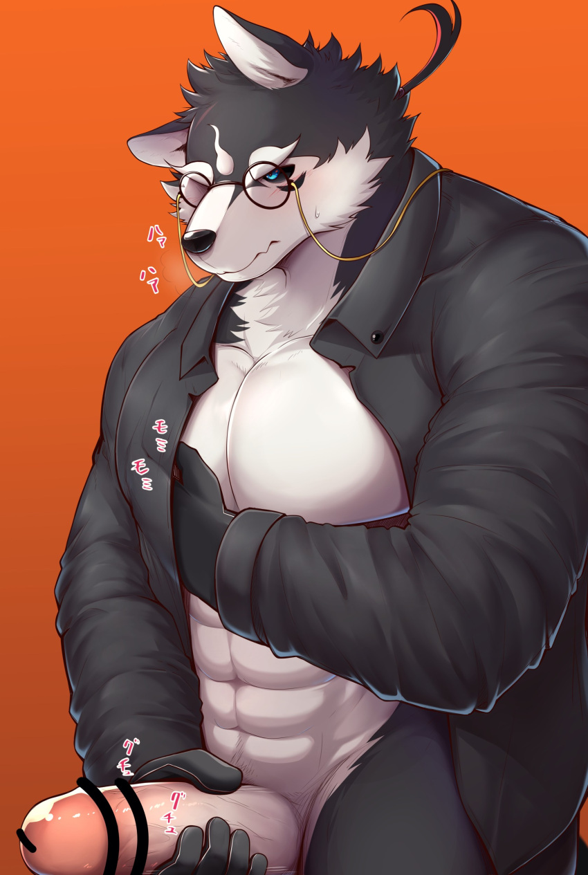 abs absurd_res anthro canid canine canis domestic_dog erection eyewear genitals glasses hayatohalada hi_res japanese_text male mammal masanori muscular muscular_anthro muscular_male nipple_fetish nipple_play pecs penis simple_background solo sound_effects text tokyo_afterschool_summoners video_games