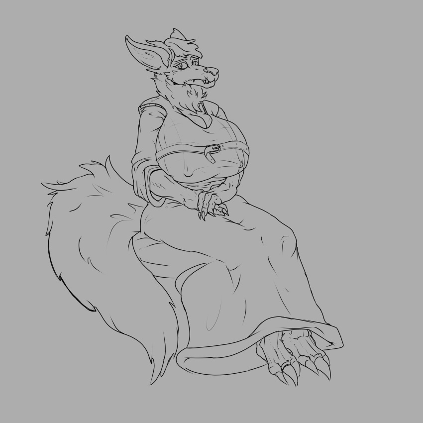 absurd_res anthro belt belt_bra big_breasts biped breasts canid canine canis clawed_toes claws clothed clothing dress fangs feet female fluffy fluffy_ears fluffy_tail fur hair hands_folded hands_in_lap hi_res huge_breasts looking_at_viewer mammal muscular muscular_anthro muscular_female neck_tuft nipple_outline nipples shirt simple_background sitting solo teeth teeth_showing toe_claws toes topwear tuft vest wolf xxsnake_spiderxx