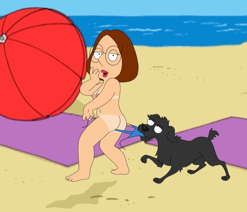 breasts brown_hair butt canid canine canis coppertone_(sunscreen) domestic_dog duo family_guy female feral frost969 hair hi_res human mammal meg_griffin nipples screencap screencap_background suntan tan_line