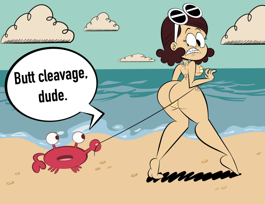 absurd_res arthropod bee_and_puppycat bikini butt cartoon_hangover clothed clothing cloud codykins coppertone_(sunscreen) crab crossover crustacean decapoda duo english_text female feral hair hi_res human keith_(bap) malacostracan mammal marine nickelodeon swimwear teeth text the_loud_house thicc_qt water