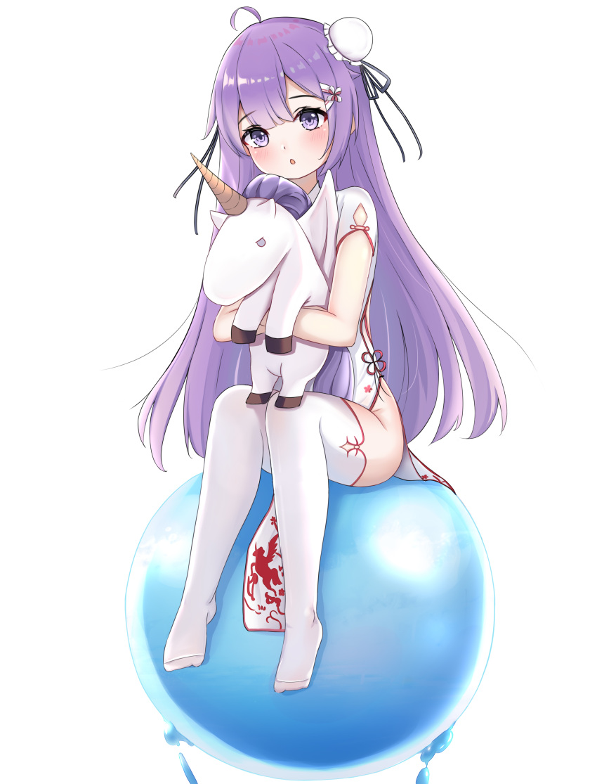 1girl absurdres ahoge ass azur_lane bangs blunt_bangs china_dress chinese_clothes commentary_request doll_hug dress eyebrows_visible_through_hair eyes_visible_through_hair groin hair_bun hair_ornament hairclip head_tilt highres long_hair looking_at_viewer no_shoes on_ball one_side_up parted_lips purple_eyes purple_hair reikyou side_bun sidelocks simple_background sitting solo stuffed_animal stuffed_toy thighhighs unicorn_(azur_lane) unicorn_(spring's_present)_(azur_lane) white_dress white_legwear