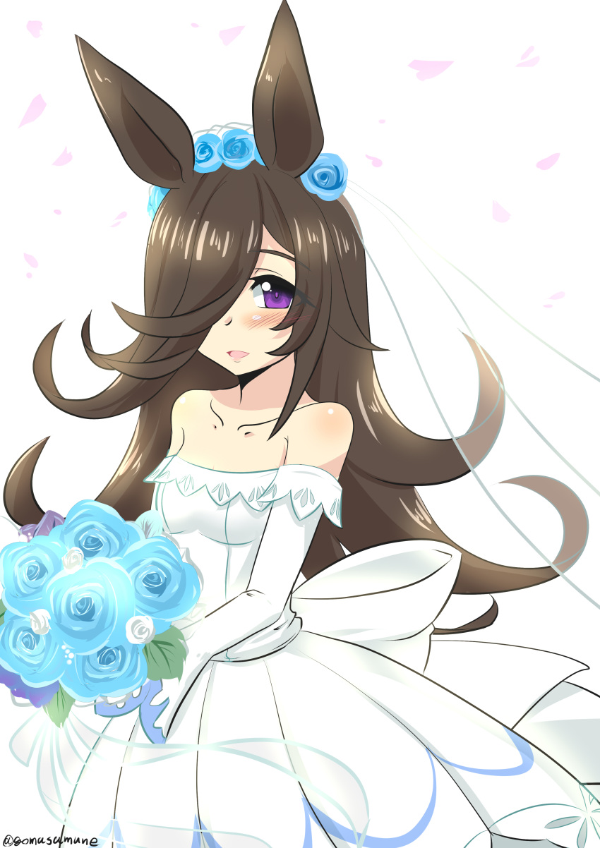 1girl :d absurdres animal_ears bangs bare_shoulders black_hair blue_flower blue_rose blush bouquet breasts collarbone commentary_request dress eyebrows_visible_through_hair eyes_visible_through_hair flower goma_(gomasamune) hair_flower hair_ornament hair_over_one_eye highres holding holding_bouquet horse_ears long_hair looking_at_viewer off-shoulder_dress off_shoulder open_mouth purple_eyes rice_shower_(umamusume) rose see-through simple_background small_breasts smile solo twitter_username umamusume veil very_long_hair white_background white_dress white_flower white_rose