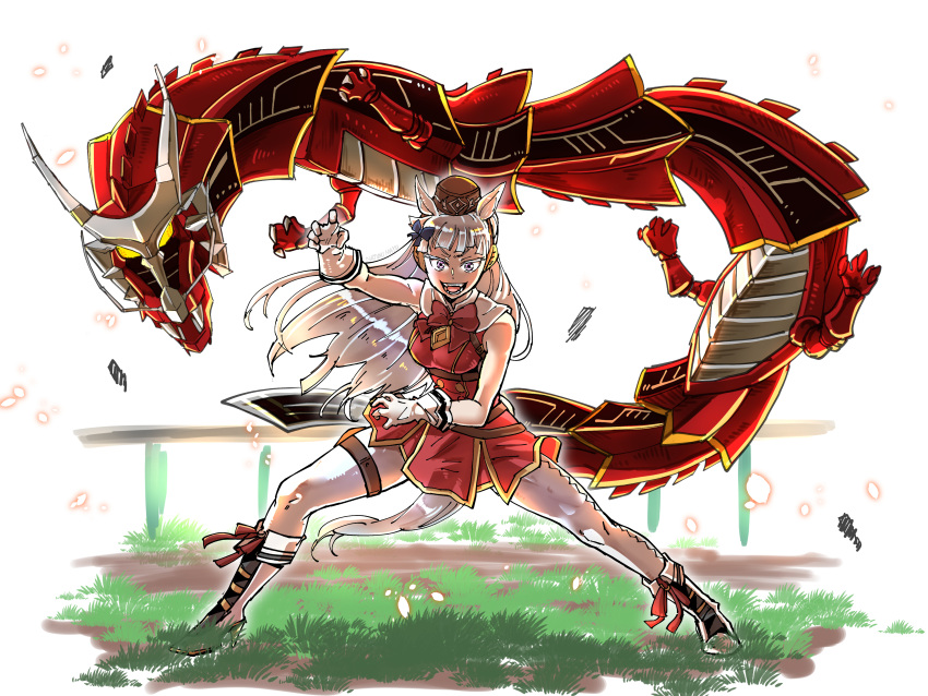 1girl absurdres amakawa_mayu animal_ears artist_name boots bow dragreder dress gloves gold_ship_(umamusume) hair_bow hat highres horse_ears horse_tail kamen_rider kamen_rider_ryuki_(series) long_hair parody pose red_dress tail umamusume