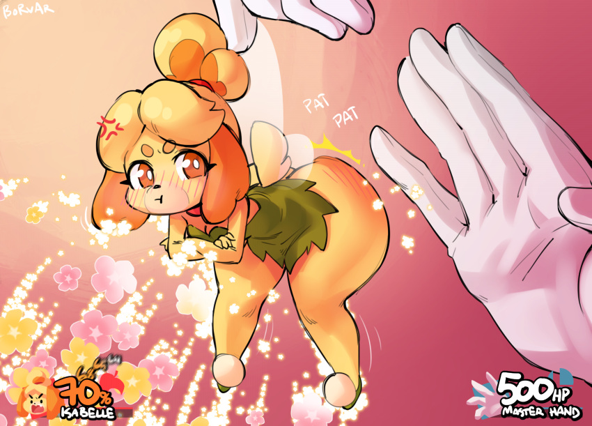 angry animal_crossing anthro bent_over big_butt blush borvar breasts butt canid canine canis cleavage clothed clothing crazy_hand crossed_arms disney domestic_dog fairy female gameplay_mechanics hi_res isabelle_(animal_crossing) mammal master_hand nintendo no_underwear pouting reddened_butt shih_tzu spanking super_smash_bros. tinkerbell tinkerbelle toy_dog video_games