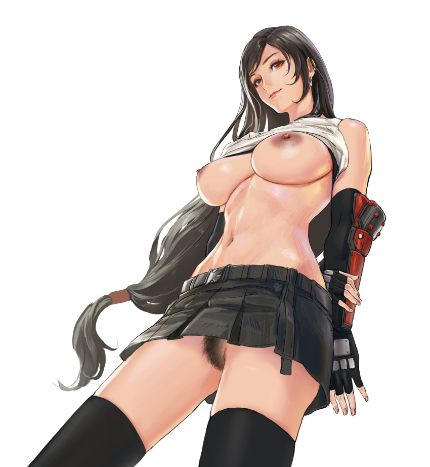 1girl absurdres bare_shoulders belt black_gloves black_hair black_legwear breasts commentary dark_nipples elbow_gloves eyebrows_visible_through_hair female_pubic_hair final_fantasy final_fantasy_vii final_fantasy_vii_remake fingerless_gloves from_below gloves highres long_hair looking_at_viewer navel nipples no_panties pubic_hair red_eyes revision shirt_lift simple_background skirt smile solo tank_top thighhighs tifa_lockhart very_long_hair white_background zjl_baiqishi