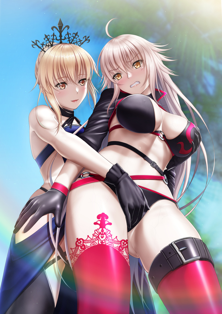 2girls absurdres ahoge artoria_pendragon_(all) belt blonde_hair breasts buckle coconut_tree crown fate/grand_order fate_(series) fingering gloves groping hair_bun highres jeanne_d'arc_(alter)_(fate) jeanne_d'arc_(alter_swimsuit_berserker)_(fate) jeanne_d'arc_(fate)_(all) large_breasts midriff multiple_girls neck_ribbon o-ring o-ring_bikini palm_tree ribbon tai_(2vs) thigh_strap thighhighs tree white_hair yuri