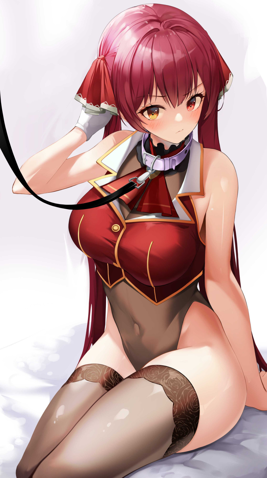 1girl absurdres arm_up bangs bare_arms bare_shoulders blush breasts brown_legwear brown_leotard closed_eyes closed_mouth collar commentary covered_navel cropped_vest eyebrows_visible_through_hair gloves hand_in_hair highres hololive houshou_marine large_breasts leash leotard leotard_under_clothes long_hair looking_at_viewer nevin_(flyskying) no_eyepatch no_hat no_headwear red_eyes red_hair red_vest sitting solo symbol_commentary thighhighs twintails v-shaped_eyebrows very_long_hair vest virtual_youtuber white_gloves yellow_eyes