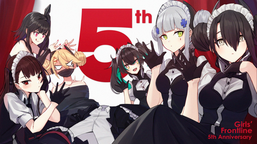 6+girls :q agent_(girls_frontline) agent_(girls_frontline)_(cosplay) alternate_costume anger_vein angry anniversary architect_(girls_frontline) bangs bare_shoulders black_dress blonde_hair blunt_bangs blush bound brown_hair commentary cosplay double_bun dress enmaided g36_(girls_frontline) girls_frontline gloves green_eyes hair_between_eyes hand_on_own_chin headgear highres hk416_(girls_frontline) long_hair looking_at_viewer maid maid_headdress multiple_girls nail_polish one_side_up open_mouth ranyu red_eyes saf_(girls_frontline) sangvis_ferri shirt short_sleeves sidelocks silver_hair tied_up tongue tongue_out wa2000_(girls_frontline) white_shirt yellow_eyes