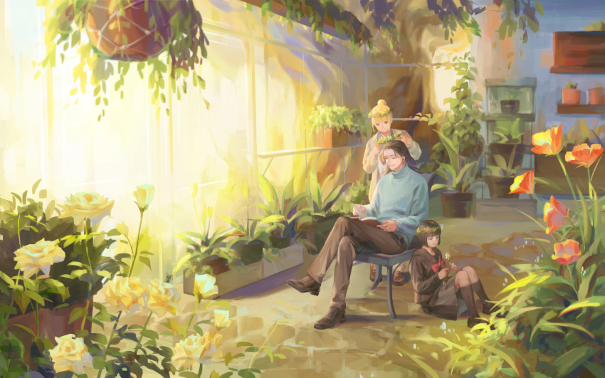 1boy 2girls age_difference bangs black_hair black_serafuku blonde_hair blue_shirt bob_cut book brown_eyes cardigan chair closed_eyes crossed_legs day earrings flower getou_suguru greenhouse hair_bun hair_slicked_back hanging_plant head_wreath hejia_abby high_collar highres holding holding_book holding_flower indoors jewelry jujutsu_kaisen kneehighs leg_warmers loafers long_hair long_sleeves mimiko_(jujutsu_kaisen) multiple_girls nanako_(jujutsu_kaisen) oxfords plant potted_plant reading scenery school_uniform serafuku shelf shirt shoes short_hair siblings sisters sitting skirt smile standing stud_earrings sunlight turtleneck wide_shot window