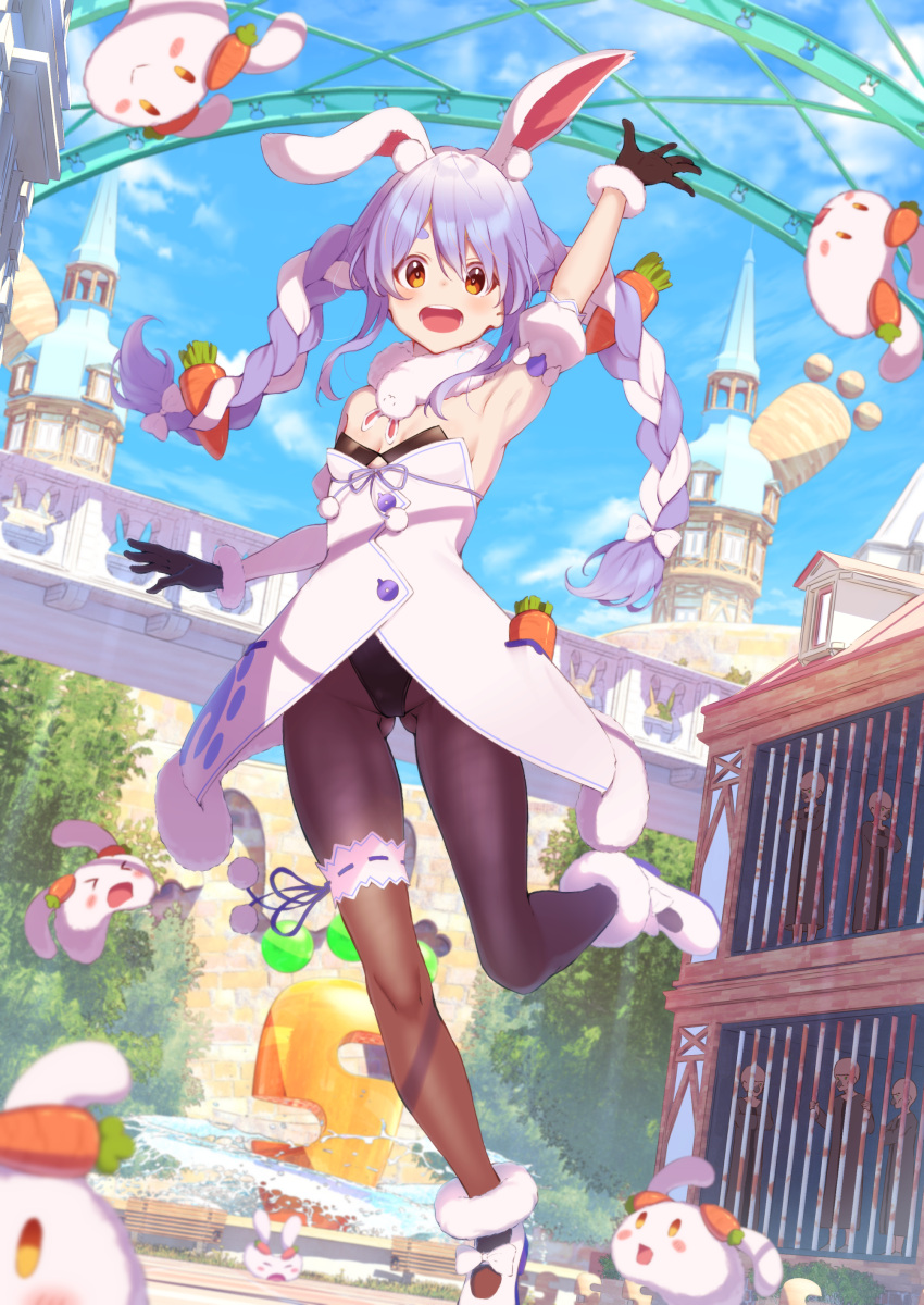 1girl absurdres akausuko animal_ears arm_up armpits black_gloves black_legwear blue_hair blue_sky braid breasts brown_eyes bunny-shaped_pupils bunny_ears carrot cleavage cloud commentary_request day don-chan_(usada_pekora) gloves highres hololive jumping leg_garter looking_at_viewer multicolored_hair open_mouth outdoors pantyhose sky small_breasts smile twin_braids two-tone_hair usada_pekora virtual_youtuber white_hair