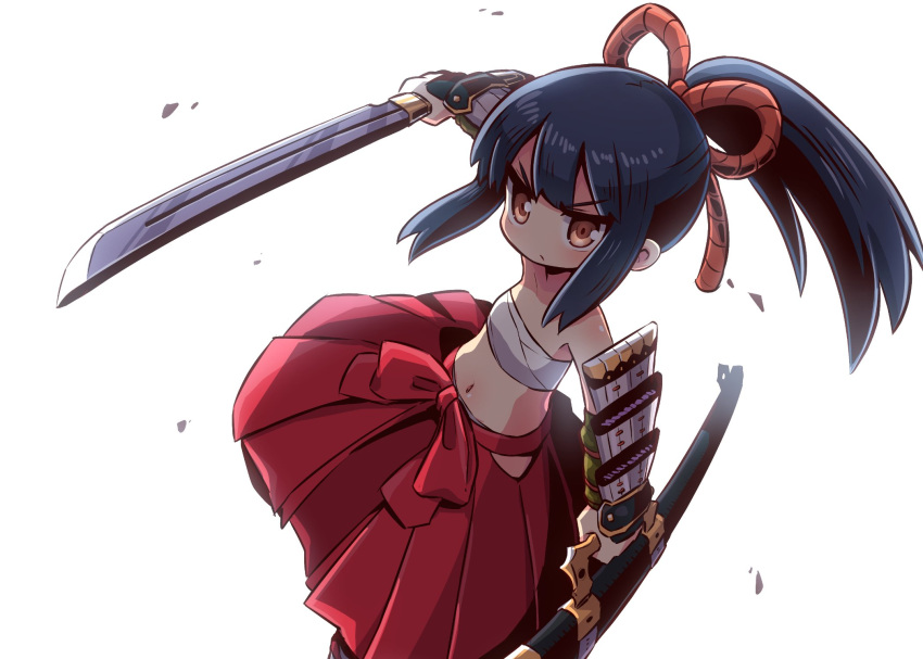 armor bangs black_hair brown_eyes bushidou_(sekaiju) drawing_sword eyebrows_visible_through_hair eyes_visible_through_hair hair_tie hakama_skirt highres holding holding_sword holding_weapon japanese_armor katana light long_hair naga_u ponytail sarashi sekaiju_no_meikyuu sheath simple_background sword weapon white_background