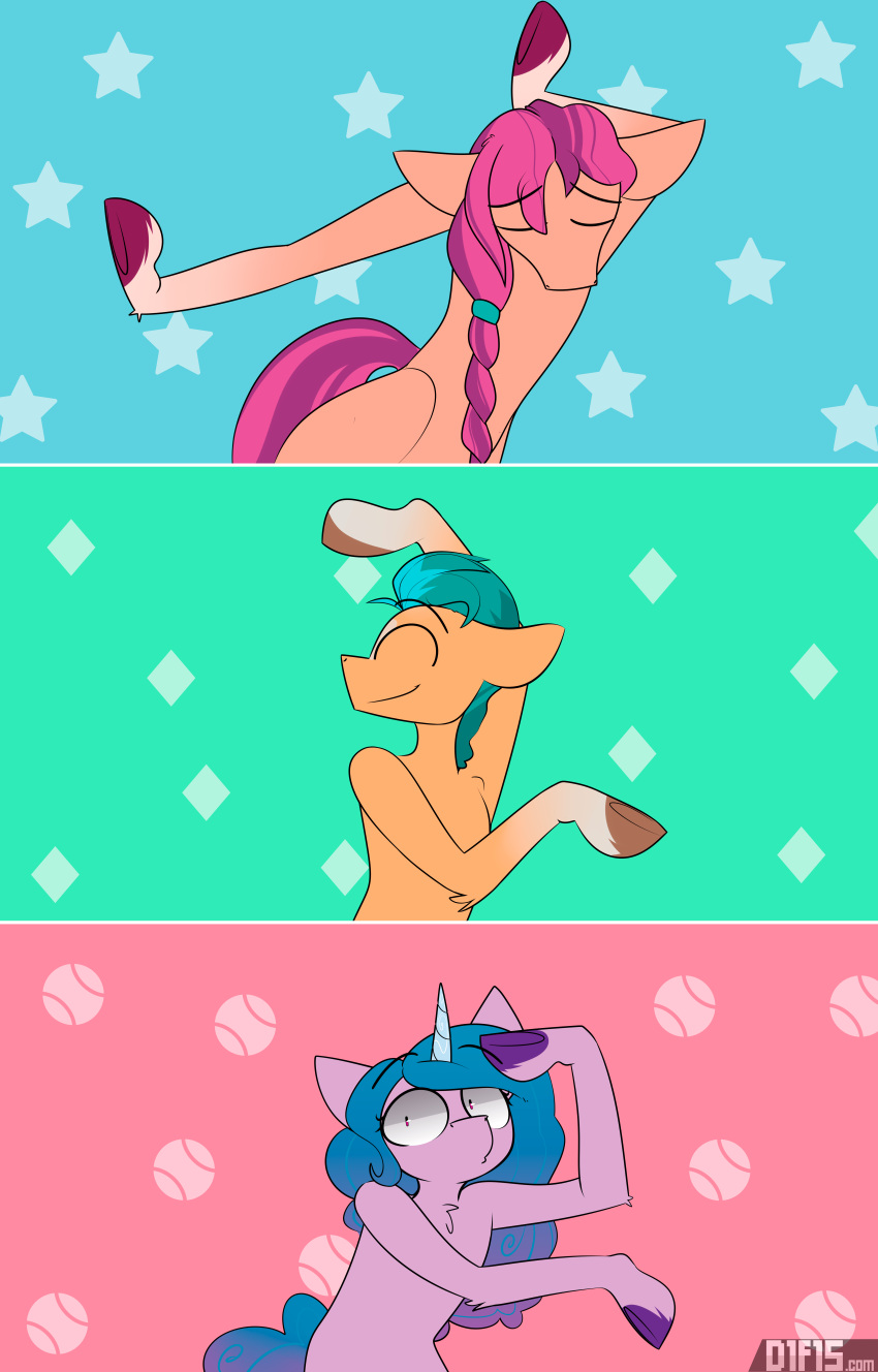 absurd_res blue_hair braided_ponytail difis equid equine eyes_closed female hair hasbro hi_res hitch_trailblazer_(mlp) hooves horn horse izzy_moonbow_(mlp) keep_your_hands_off_eizouken! mammal mlp_g5 my_little_pony pink_hair pony ponytail pose sunny_starscout_(mlp) turquoise_hair unicorn