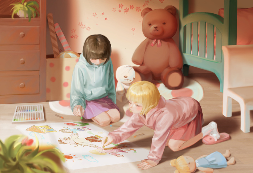 2girls black_hair blonde_hair blue_hoodie blush bob_cut box chair child child_drawing closed_eyes drawer drawing floral_print getou_suguru hejia_abby highres holding holding_hands hood hoodie indoors jujutsu_kaisen long_sleeves looking_down mimiko_(jujutsu_kaisen) multiple_girls nanako_(jujutsu_kaisen) on_floor pastels pink_hoodie plant potted_plant rug short_hair siblings sisters sitting skirt slippers smile stuffed_animal stuffed_toy sunlight teddy_bear wide_shot younger