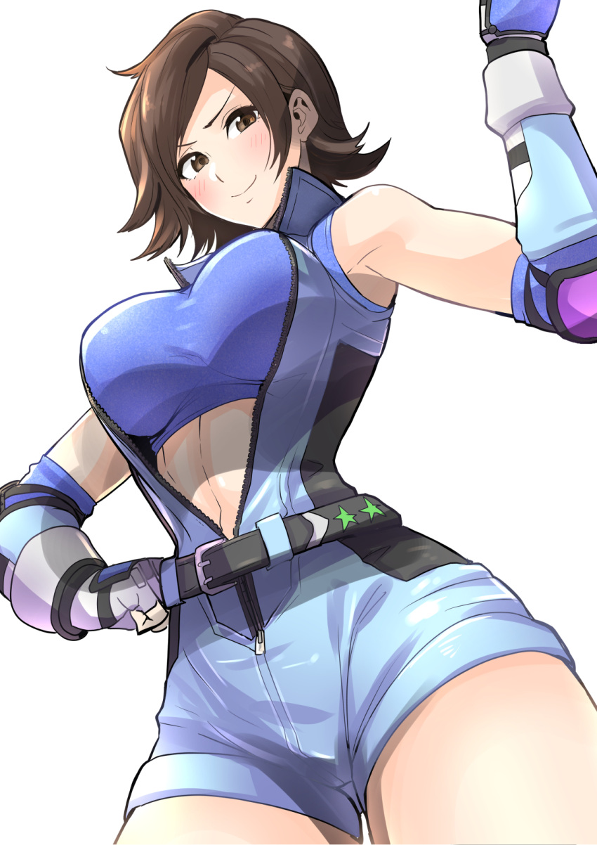 1girl armpit_peek belt breasts brown_eyes brown_hair clash_kuro_neko closed_mouth elbow_gloves elbow_pads fingerless_gloves from_below gloves hand_on_hip hand_up highres jumpsuit kazama_asuka large_breasts looking_at_viewer short_hair simple_background smile solo sports_bra star_(symbol) stomach tekken thighs unzipped white_background