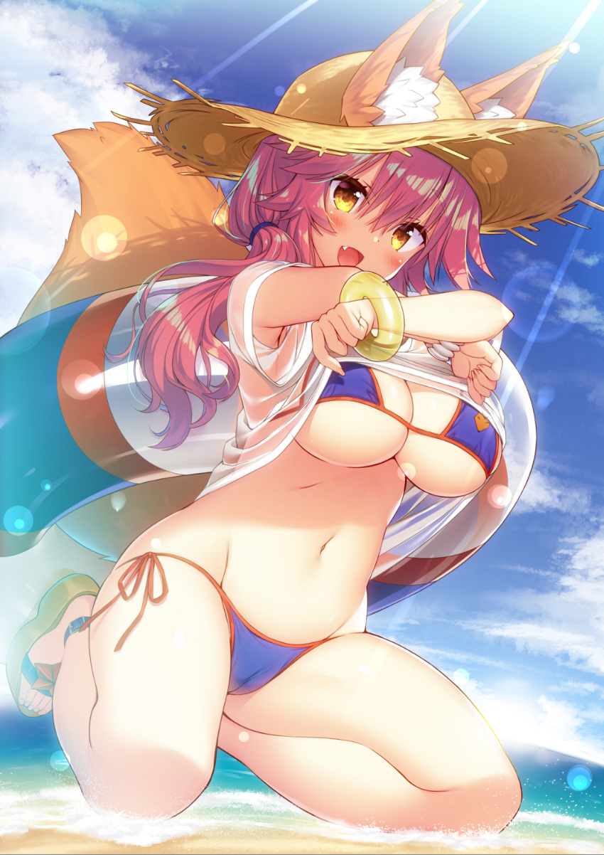 animal_ears bikini cameltoe fate/grand_order sasorigatame see_through swimsuits tail tamamo_no_mae undressing