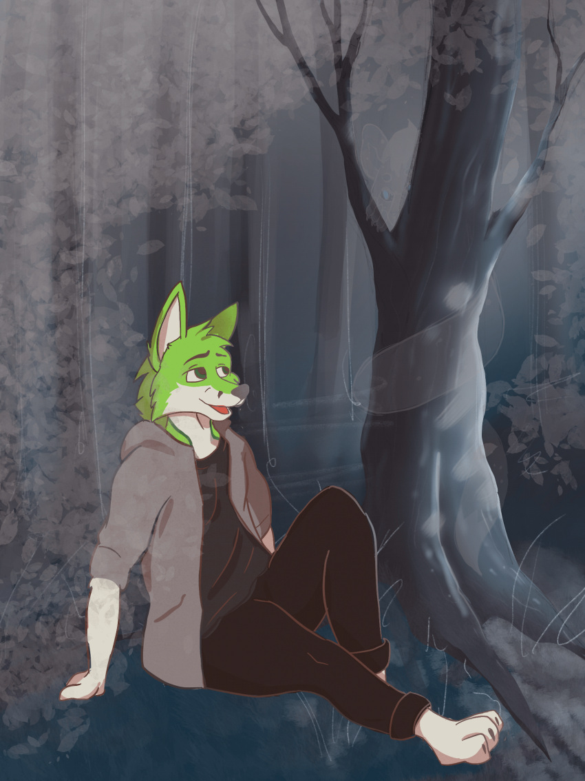 animated animation_art anthro black_nose canid canine clothed clothing digital_media_(artwork) duo fidget_the_fox forest forest_background fox fur ghost ghost_tail green_body green_eyes green_fur hair hi_res kindertei male mammal nature nature_background plant smile spirit tree white_body white_fur william_the_blind_fox