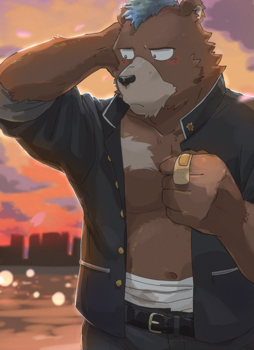 2021 anthro black_nose bottomwear brown_body brown_fur clothed clothing detailed_background fur hi_res humanoid_hands kemono male mammal nekodon_san open_clothing open_shirt open_topwear outside pants shirt slightly_chubby solo topwear ursid water