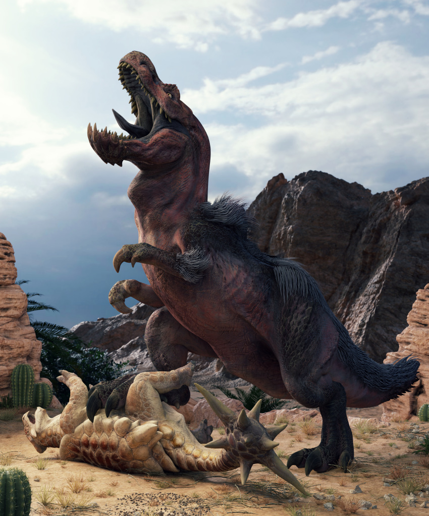 2021 3d_(artwork) absurd_res ambiguous_gender anjanath apceros blender_(software) brute_wyvern cactus capcom claws desert detailed_background digital_media_(artwork) dinosaur duo feral hair herbivore_(mh) hi_res ivorylagiacrus lying lying_on_ground monster_hunter mountain on_side open_mouth outside pinned plant reptile restrained roaring rock scales scalie sharp_claws sharp_teeth size_difference spiked_tail spikes spikes_(anatomy) teeth theropod tongue video_games