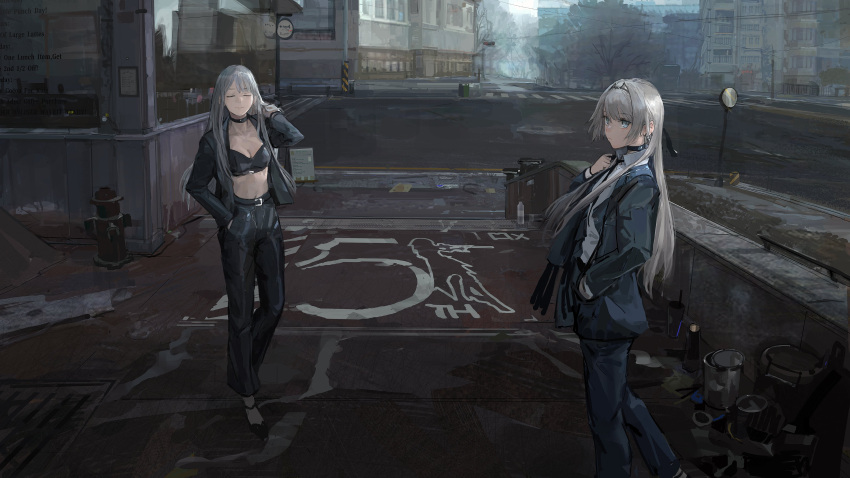 2girls absurdres ak-12_(girls_frontline) an-94_(girls_frontline) bangs belt black_belt black_choker black_footwear black_pants blazer blue_eyes breasts building choker cleavage closed_eyes closed_mouth collared_shirt crosswalk earrings fire_hydrant formal full_body girls_frontline hairband hand_in_pocket highres jacket jewelry long_hair multiple_girls open_blazer open_clothes open_jacket paindude pants road road_sign scenery shirt sign silver_hair smile standing stomach street street_writing tree