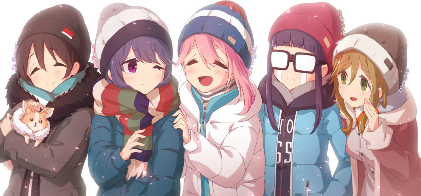 5girls atu beanie blush chikuwa_(yurucamp) coat dog eye_contact hat inuyama_aoi kagamihara_nadeshiko looking_at_another multiple_girls oogaki_chiaki saitou_ena scarf shima_rin twitter_username winter_clothes yurucamp