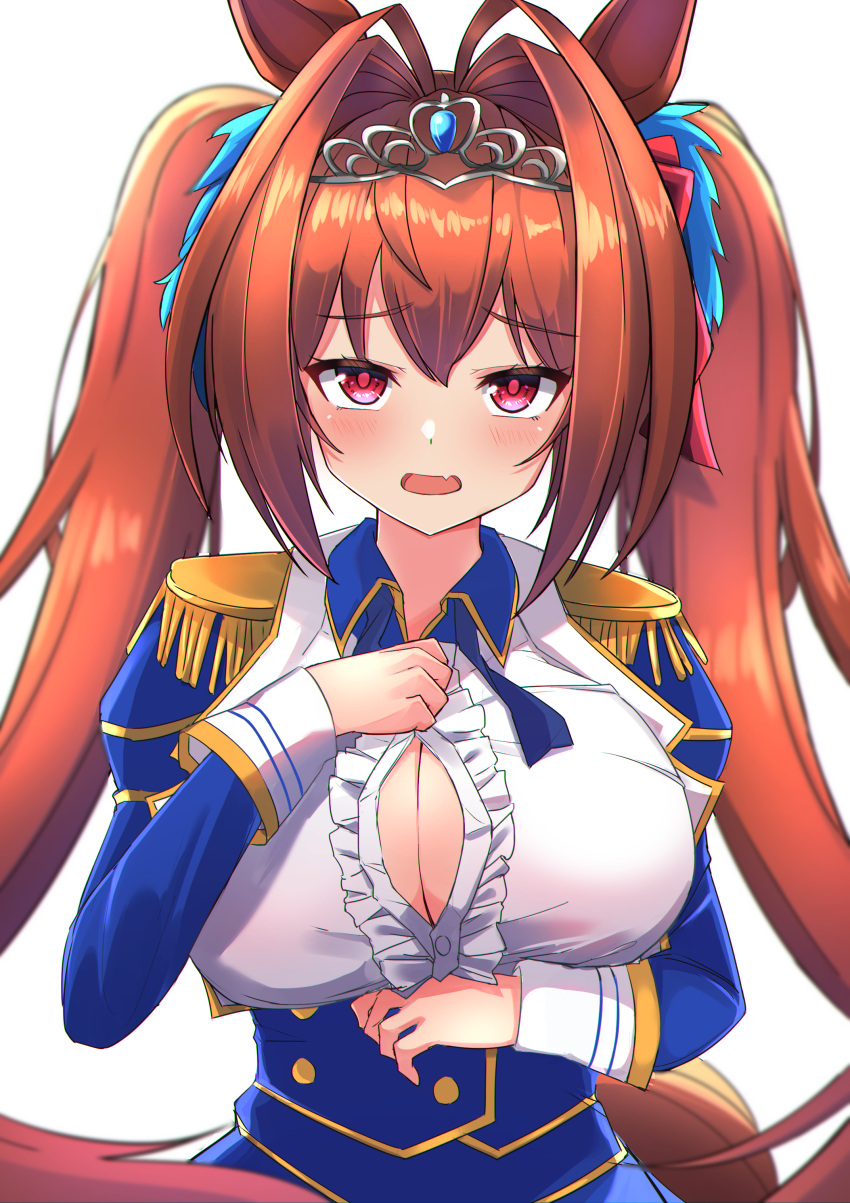 1girl absurdres animal_ears bangs blue_jacket blue_skirt blush bow breasts brown_hair center_frills cleavage collared_shirt commentary_request daiwa_scarlet_(umamusume) epaulettes eyebrows_visible_through_hair fang frills hair_between_eyes hair_bow hair_intakes heckler_kai highres horse_ears horse_girl horse_tail jacket large_breasts long_hair long_sleeves looking_at_viewer open_mouth partial_commentary partially_unbuttoned red_bow red_eyes shirt sidelocks simple_background skin_fang skirt solo standing tail tiara twintails umamusume upper_body very_long_hair white_background white_shirt