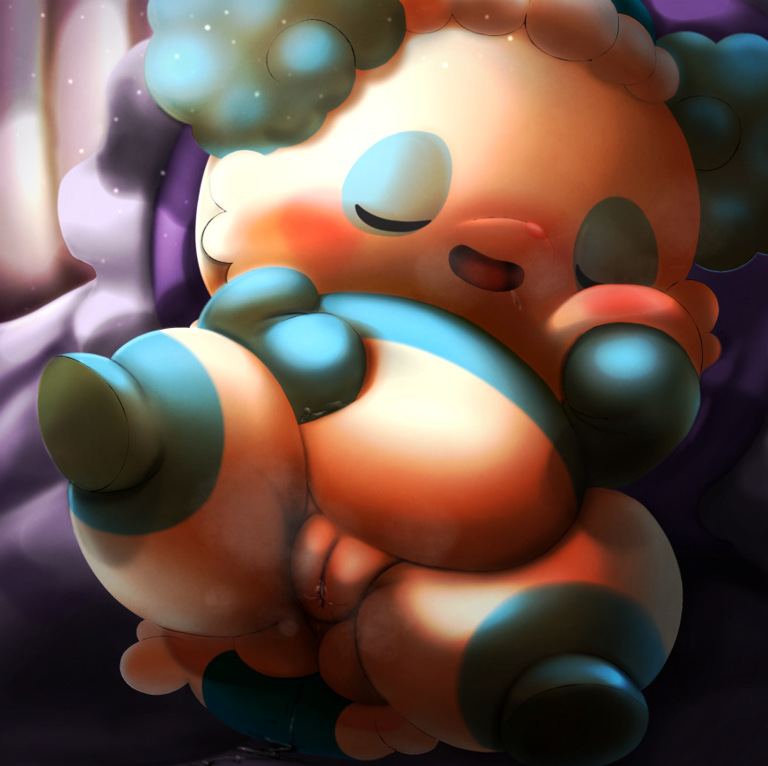 absurd_res andromorph anthro blush bodily_fluids brew_sleeper chibi cocotama detailed_background genital_fluids genitals giant_panda hi_res hirake!_cocotama intersex lying male mammal on_back open_mouth overweight pillow_(cocotama) pussy pussy_juice sleeping solo spread_legs spreading ursid