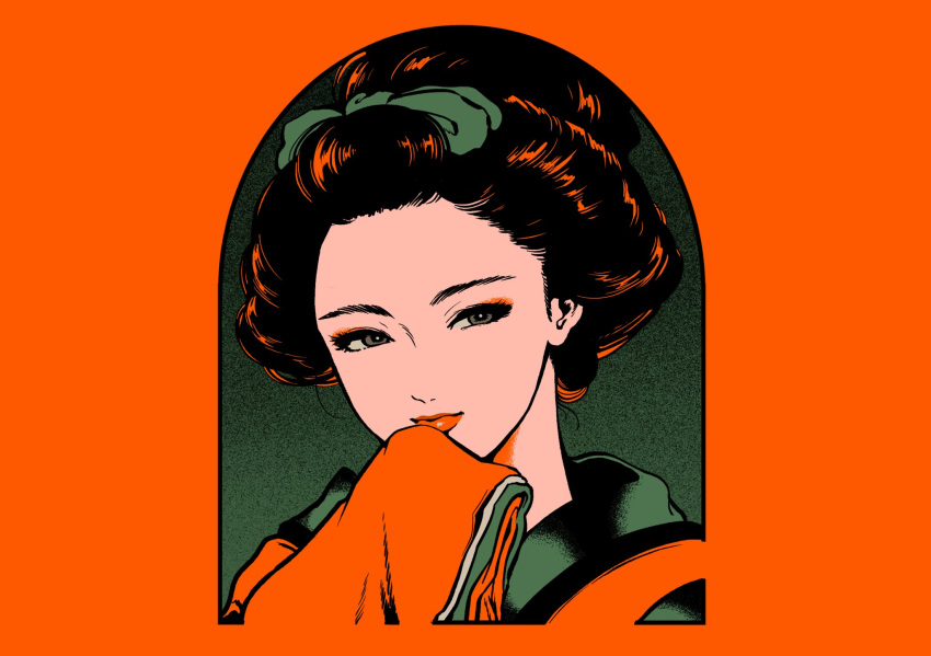 1girl black_hair colored_skin eyebrows geisha green_eyes green_loop hair_ornament hand_on_own_face highres japanese_clothes kimono light_orange_hair lips lipstick looking_at_viewer loop_on_hair makeup minillustration orange_lips original simple_background smile solo white_skin