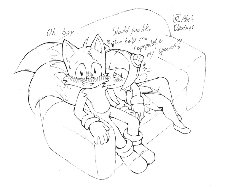 &lt;3 2021 abesdrawings absurd_res anthro blush canid canine clothed clothing cosmo_the_seedrian dialogue duo elemental_creature english_text female flora_fauna fox fur furniture gloves hand_holding handwear hi_res humanoid male mammal miles_prower plant seedrian signature simple_background smile sofa sonic_the_hedgehog_(series) sonic_x teeth text video_games